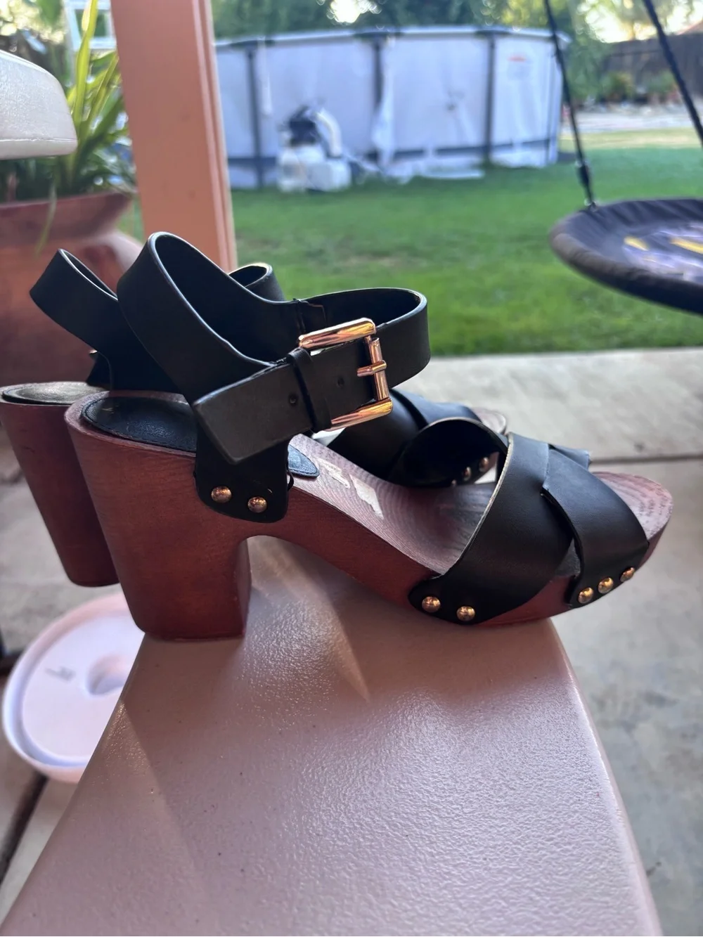 Women's Black Leather Platform Sandals with Ankle Buckle